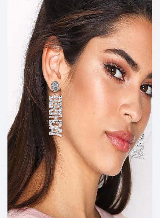 Wovanoo Happy Birthday Earrings Glitter Drop Dangle Earrings for Women Silver - Image 3